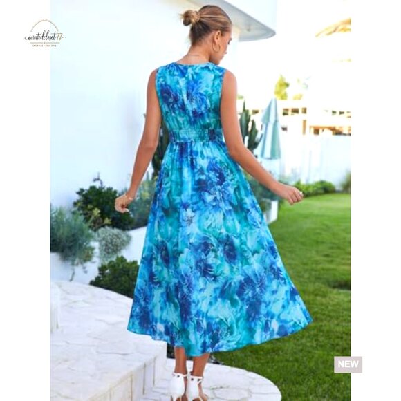 Sleeveless V-Neck Maxi Dress Floral Print Elastic Waist Wedding Guest - Picture 5 of 7